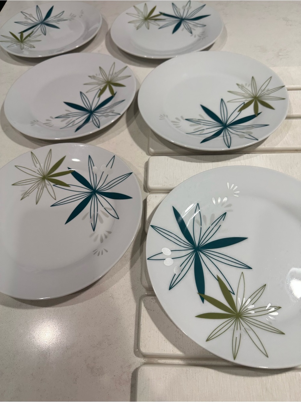 Pier 1 Dessert or Salad Plates White Teal Olive Mid-Century Modern Design (6)